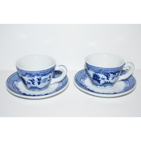 Vtg Blue Willow Demitasse Cup & Saucer blue & white set of 2 Love Birds - Picture 2 of 10